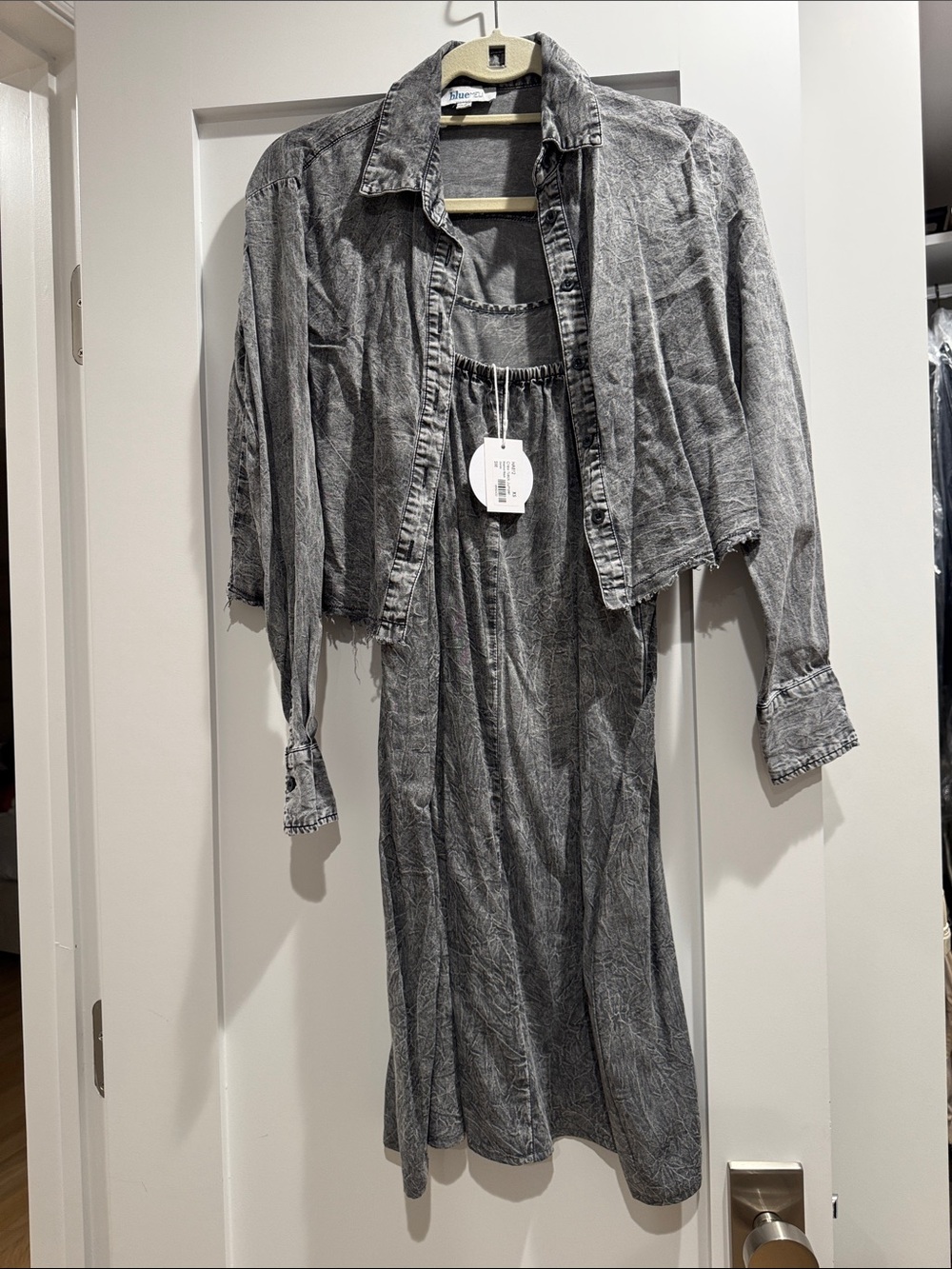 Washed Gray Cropped Denim Jacket with Matching Dress Set
